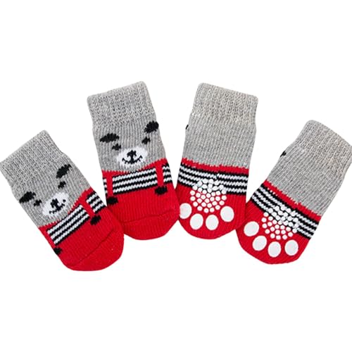 4 x Hundesocken, niedliche rutschfeste Haustierbodensocken, Stricksocken, Katzen- und Hundepfotenschutz, für drinnen und draußen, Hot Pavement, Hartholzbodenschutz, Größe S (roter Bär) von Blue Dream Island