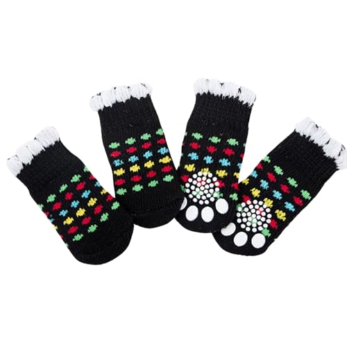 4 x Hundesocken, niedliche rutschfeste Haustierbodensocken, Stricksocken, Katzen- und Hundepfotenschutz, für drinnen und draußen, Hot Pavement, Hartholzbodenschutz, Größe S (schwarze Punkte) von Blue Dream Island