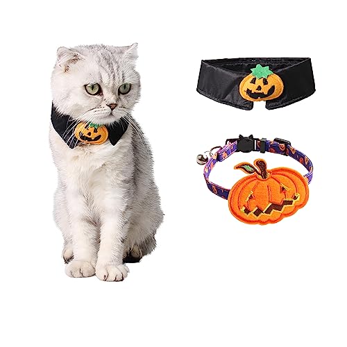 Halloween-Katzenhalsbänder mit Glöckchen, Kätzchenhalsband mit Kürbis, Halloween-Halsband für Mädchen, Jungen, Katzen, Welpen, Fliege + Kürbis, Violett, 2 Stück von Blue Dream Island