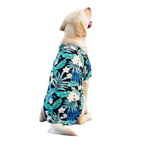 Hawaii-Hemd für Hunde, cooles, atmungsaktives Haustier-Sommer-T-Shirt, Strandkleidung, Weste für kleine, mittelgroße und große Hunde, Größe 4XL (schwarze Blätter) von Blue Dream Island