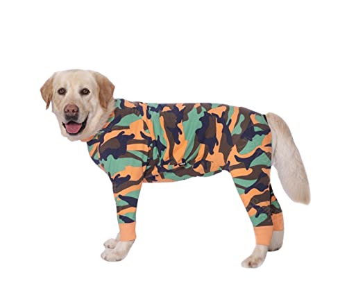 Hunde-Pyjama-Overall für mittelgroße und große Hunde, leichtes Baumwoll-Shirt, Anti-Haar-Hunde-Einteiler nach Operationen, Hundeerholungskleidung, 32 (Grün/Orange/Camo) von Blue Dream Island