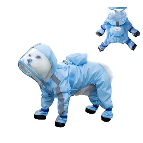 Hunde-Regenmantel und Regenschuhe-Set mit D-Ring, vollständig abdeckende, reflektierende Hundejacke mit Rucksack, Hunde-Regenbekleidung mit vergrößerter Krempe für kleine, mittelgroße Hunde, Blau (M) von Blue Dream Island