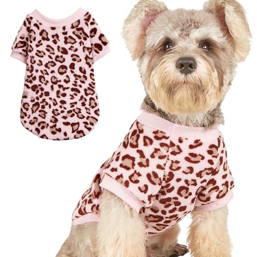 Hundepullover, niedlicher Flanell-Hundepullover, warmer Winterpullover, für kaltes Wetter, Plüsch-Pyjama für Katzen, Welpen, kleine Hunde, Größe M, rosa Leopardenmuster von Blue Dream Island