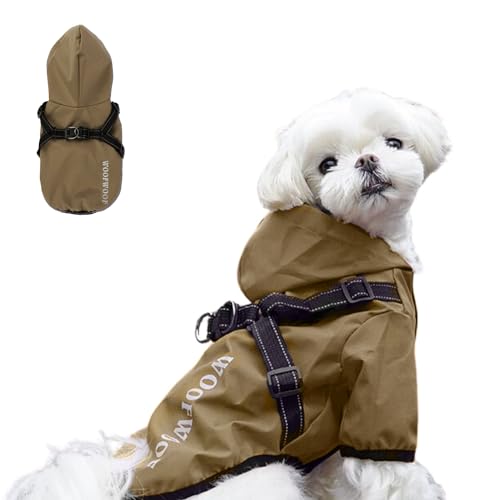 Regenmantel für kleine Hunde, wasserdichte Regenjacke mit Kapuze und Geschirr, Haustier-Poncho, Zupfmantel mit reflektierenden Streifen für kleine, mittelgroße Hunde, Größe S (Gelb) von Blue Dream Island