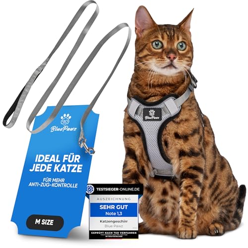 Blue Pawz Katzengeschirr mit Leine - 170cm | Katzengeschirr ausbruchsicher & hochwertig | Katzenleine mit Geschirr für Katzen | Katzen Geschirr für unvergessliche Momente (M), Grau von Blue Pawz