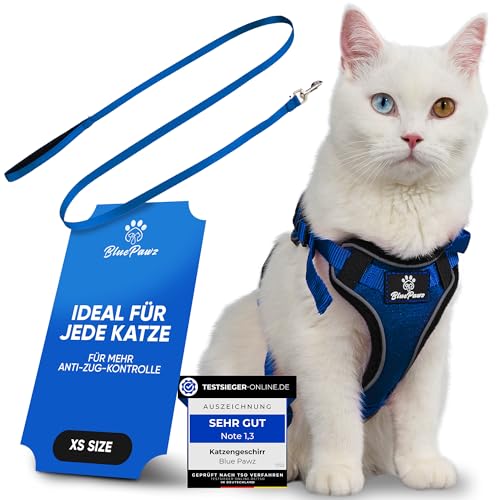 Blue Pawz Katzengeschirr mit Leine - 170cm | Katzengeschirr ausbruchsicher & hochwertig | Katzenleine mit Geschirr für Katzen | Katzen Geschirr für unvergessliche Momente (XS), Blau von Blue Pawz