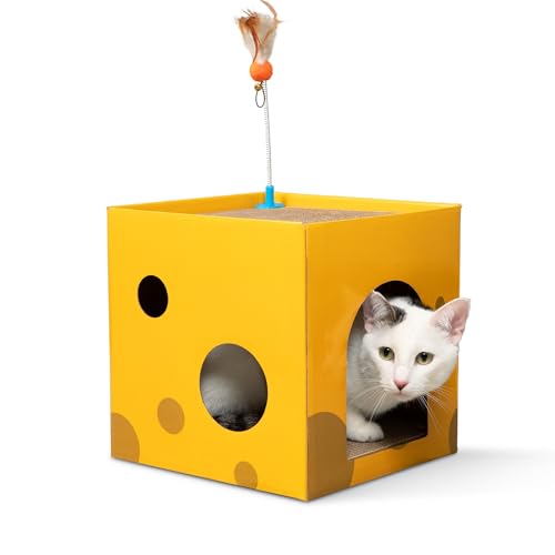 BlueDots Deluxe 2-stöckiges Katzenhaus aus Karton mit 2 Kratzpads | Ultimatives Indoor-Katzen-Spielhaus | Wellpappe Katzenkratzhaus für Katzen, kleine Haustiere - ideal zum Spielen, Entspannen und von BlueDots