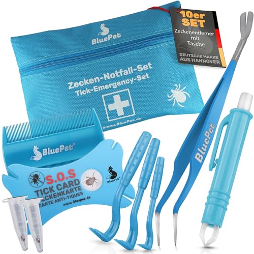 BluePet 10er Set mit Tasche Zeckenentferner für Hunde, Katze, Pferd & Mensch mit Zeckenzange, Zeckenhebel, Zeckenpinzette, Zeckenkarte I Alternative zu Zeckenschutz, Zeckenmittel von BluePet