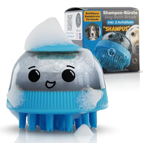 BluePet Befüllbare Badebürste für Hundeshampoo I Einmassieren von Shampoo & anregende Massage I Entferne Schmutz & Loses Fell I Inkl. 2X Aufsätze (Weich + Fest) für alle Rassen & Fellarten von BluePet