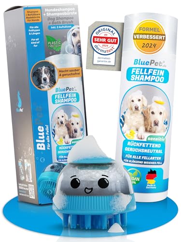 BluePet FellFein Hundeshampoo Sensitiv & Geruchsneutral Made in Germany - Rückfettendes Pflegeshampoo mit Aloe Vera & Jojobaöl für gesundes Fell (Shampoo + Befüllbare Badebürste) von BluePet