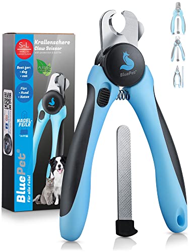 BluePet KrallenSchön Krallenschere mit Schutz als Nagelschere für Hunde, Katzen & Kleintiere - Inkl. Nagelfeile im Griff zur optimalen Krallenpflege (Größe M-L mit Schutz Blau) von BluePet