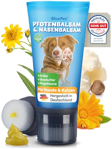 BluePet Pfotenbalsam Hund, Katze - 50ml Schnelleinziehend - Trockene, Rissige Pfoten, Nasen brauchen Hunde Pfotencreme - Heilt, Regeneriert mit Arnika, Ringelblume & Shea - Pfotenpflege Hund von BluePet