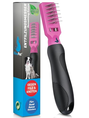 BluePet Profi Entfilzungskamm für Hunde und Katzen - Entfilzungshaken - Entfilzungsmesser - Entfilzungsharke Katze - Knoten Entferner Katze - Entfilzungskamm Hund (Entfilzungskamm Rechtshänder Rosa) von BluePet