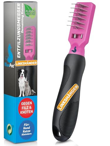 BluePet Profi Entfilzungskamm für Hunde und Katzen - Entfilzungshaken - Entfilzungsmesser - Entfilzungsharke Katze - Knoten Entferner Katze - Entfilzungskamm Hund (Entfilzungskamm Linkshänder Rosa) von BluePet