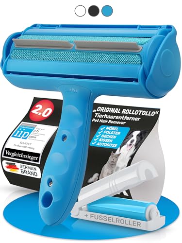 BluePet Selbstreinigende Fusselrolle - Tierhaarentferner für Haustierhaar, Entfernung Tierhaaren Fusselbürste Hundehaare & Katzenhaare (RolloTollo BLAU + Mini Fusselroller) von BluePet