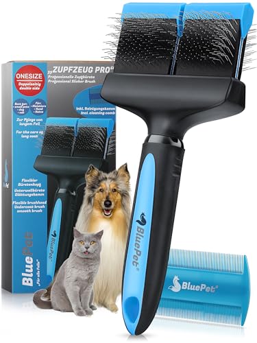 BluePet ZupfZeug Pro Professionelle Hundebürste Langhaar - Zupfbürste für Hunde und Katzen - Entfernt sanft Unterwolle, Verfilzungen & Knoten (Doppelkopf Blau) von BluePet