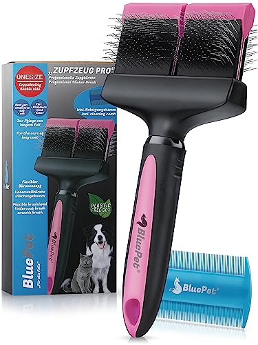 BluePet ZupfZeug Pro Professionelle Hundebürste Langhaar - Zupfbürste für Hunde und Katzen - Entfernt sanft Unterwolle, Verfilzungen & Knoten (Doppelkopf Rosa) von BluePet