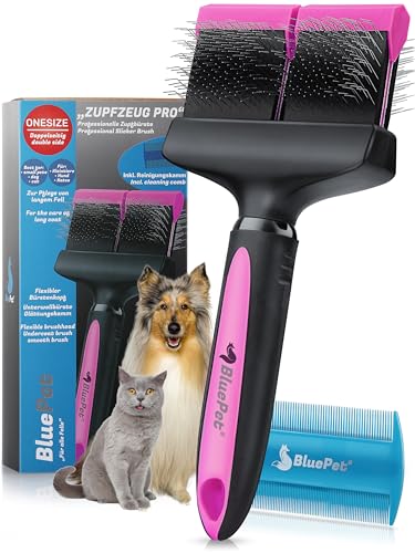 BluePet ZupfZeug Pro Professionelle Hundebürste Langhaar - Zupfbürste für Hunde und Katzen - Entfernt sanft Unterwolle, Verfilzungen & Knoten (Doppelkopf Rosa) von BluePet