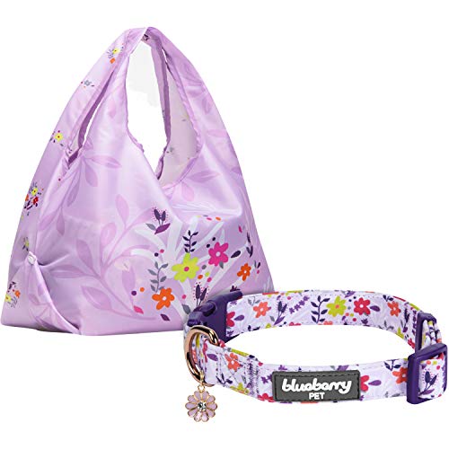 Blueberry Pet Hundehalsband mit Blumenmuster, Value Pack - Medium Collar + Shopping Bag, Gartenblume, Lavendel von Blueberry Pet