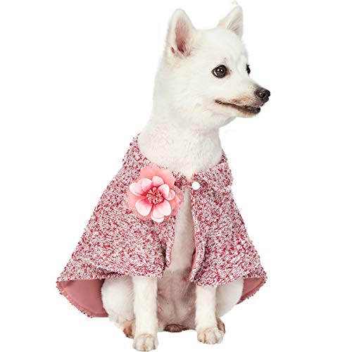 Blueberry Pet Mergelmuster Kirschrot All-Wetter Kostüm Handgemachter Strick-Hunde-Poncho Pullover mit Abnehmbarer Kette & Blume, Rückenlänge 25cm, Einzelpackung Bekleidung für Hunde von Blueberry Pet