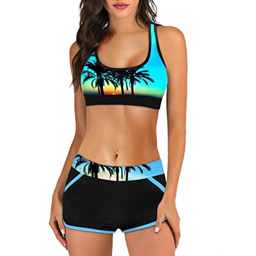 Bikini Damen Bikini Set Zweiteiliger Badeanzug Bikini mit Hotpants Träger Oberteil Bikinihose Bedruckt Beach Kleidung Tankini Push Up Bademode Sexy Bikinioberteil Shorts Strandbikini Swimsuits von Bluelucon