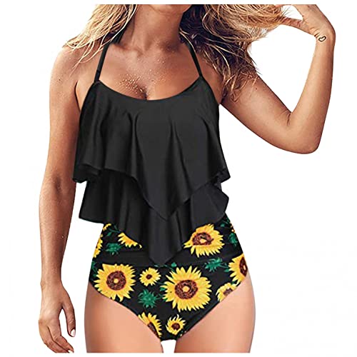 Bikini High Waist Damen Zweiteiliger Bikini Set Badeanzug Rüschen Bedruckt Bademode mit Hoher Taille Tankini Damen Badeanzug Tummy Control Top Mit Shorts Zweiteiler Bauchweg Bedruckter Strandmode von Bluelucon