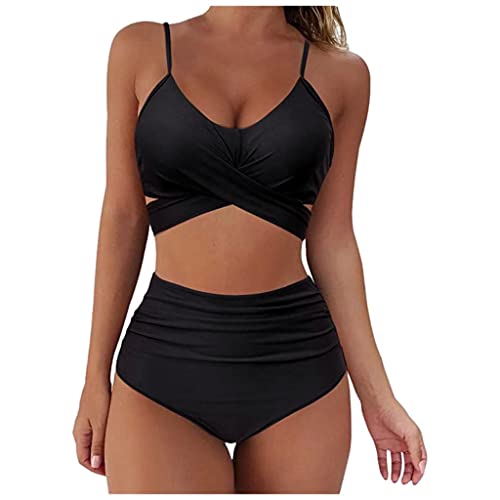 Bikini Set Damen Push Up Badeanzug High Waist Crossover Einfarbig Bademode V Ausschnitt Bikini Oberteil und Wickel Bikinihose Rückenfrei Sportlich Zweiteiliger Strandbikini Blumenmuster Swimsuit von Bluelucon