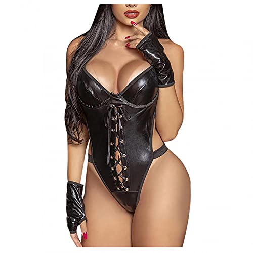 Bluelucon Damen Body Ärmellos Wetlook Bodysuit Catsuit Lingerie offener Schritt Trikot High-Cut Bikini GOGO Erotik Unterwäsche Bodysuit Lack-Optik Wetlook Body Dessous Reiwäsche Clubwear BL20 von Bluelucon