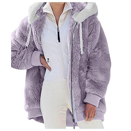 Bluelucon Damen Kapuzenjacke Warm Mantel Teddy-Fleece Plüschjacke Coat Winter Lange Jacke Mantel Herbst Winter Frauen Cardigan Mantel Lange Übergangsjacke Plüschjacke mit Fell Teddyjacke von Bluelucon