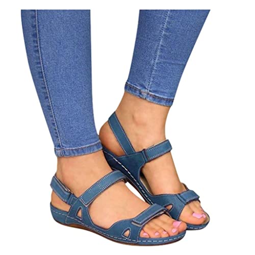 Bluelucon Damen Römische Schuhe Wedge Lässige Sommer Sandalen Elegante klettverschluss Schnalle Verstellbarer Pantoletten Bequeme Sommerschuhe Freizeit Flache Strandsandalen Mode Atmungsaktiv von Bluelucon