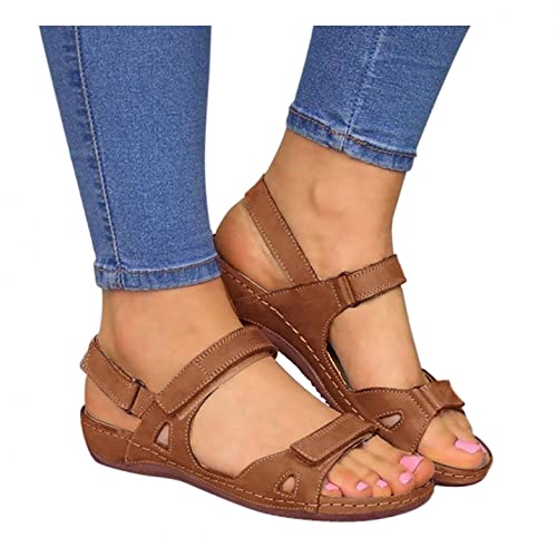 Bluelucon Damen Römische Schuhe Wedge Lässige Sommer Sandalen Elegante Klettverschluss Schnalle Verstellbarer Pantoletten Freizeit Flache Strandsandalen Bequeme Sommerschuhe Mode Atmungsaktiv von Bluelucon