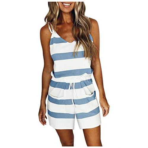 Bluelucon Damen Sommer Kurz Jumpsuit Elegant Schulterfrei Overall Knöpfe Playsuit mit Taschen Gürtel Sommer Playsuits Spielanzug Atmungsaktiv Ärmellos Breite Beine Shorts Shirtkleider mit Kordelzug von Bluelucon