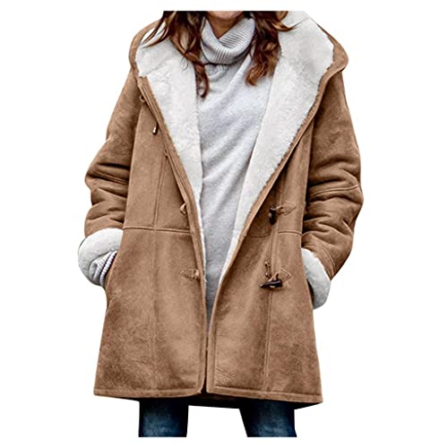 Bluelucon Damen Winter Lang Wollmantel Wolljacke Mantel mit Kapuze Outdoor Slim Warme Skijacke Wanderjacke mit Fleecejacke Kapuze Abnehmbare Funktionsjacke Damenjacke Winter wasserdichte Damenjacke von Bluelucon