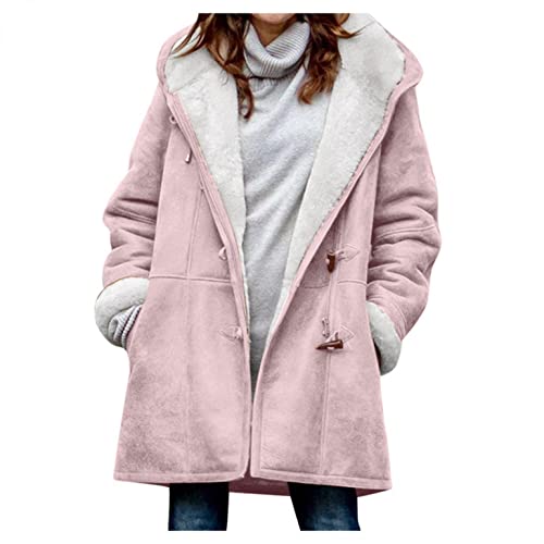 Bluelucon Damen Winter Sherpa Pelzmantel Fleece Kunstpelz Kapuze Plus Sizes Reißverschluss Kapuzen Jacke mit Taschen Mantel Casual Sweatshirt Winter Trenchcoat Plus Samt Warm Kapuzenjacke von Bluelucon