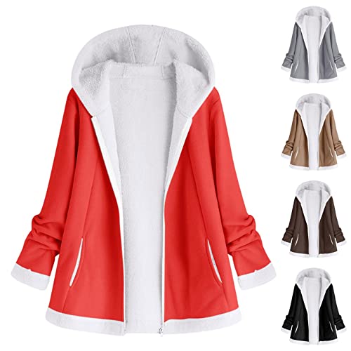 Bluelucon Damen Winter verdicken Parka Jacke Warmer Fleece Dicke Slim flauschig, Sherpa-Jacke Fleece Langarm Oversize Sweatjacke Outwear mit Kapuze Taschen Vintage Oversize Coats von Bluelucon