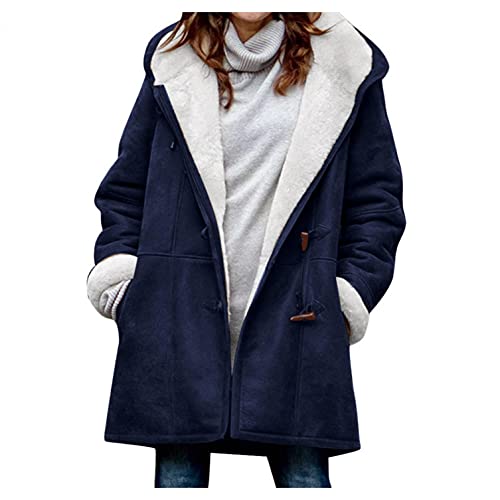 Bluelucon Damen Wintermantel mit Kapuze, Fleece,Kunstfellkapuze Cardigan Front Hooded Cardigan Jacke Mäntel mit Taschen Cardigan Trenchcoat Fleece Pullover Taschen mit Kapuze Warm Mantel von Bluelucon