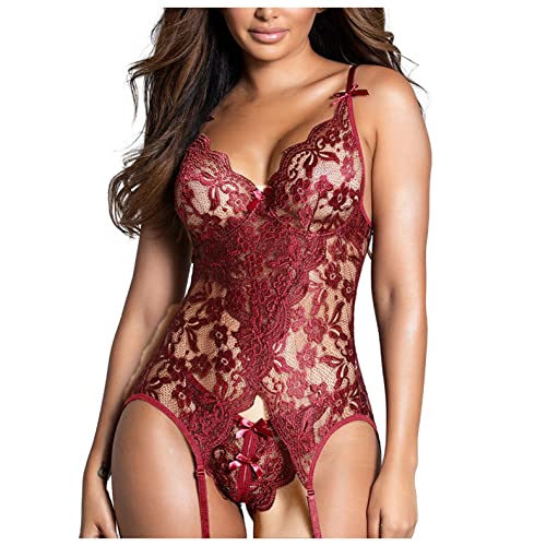 Bluelucon Dessous Damen Neckholder Reizwäsche Spitze Bodysuit Negligee V-Ausschnitt Verschluss Unten Ärmellos Bodysuit Erotik Babydoll mit Verstellbaren Träger Nachtkleid Nachthemd Lingerie von Bluelucon