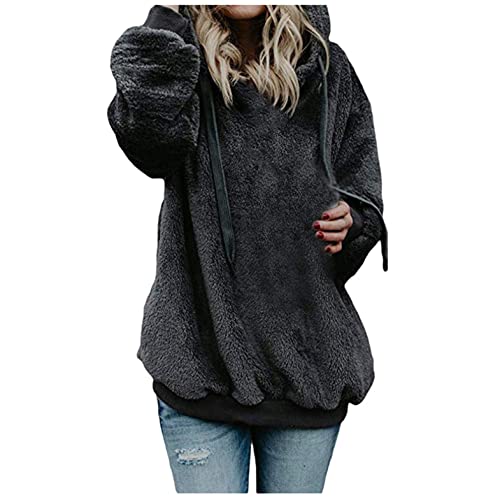 Bluelucon Fleecemantel Damen Große Größen Lang Outdoor mit Kapuze Teddy Fleece Coat Langarm Jacke Outwear Cardigan Winterjacke Frauen Teddy-Fleece Oversize Fellmantel Wintermantel Parka Trenchcoat von Bluelucon