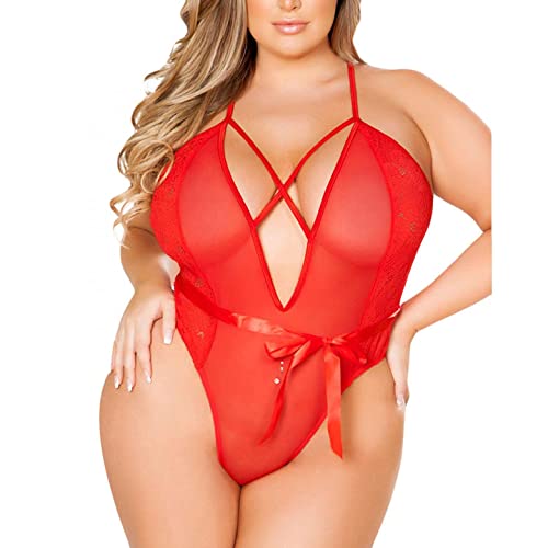 Bluelucon Übergröße Body Damen Elegant Sexy Sommer Schier V-AusschnittSpitze Bodysuit V-Ausschnitt Reizwäsche Lingerie Negligee Unterwäsche One Piece Babydoll Lingerie Erotic Nachtwäsche von Bluelucon