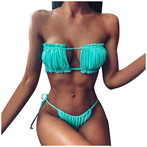 Damen Bikini Set, schulterfrei Bandeau mit Kordelzug & Rüschen High Cut Einfarbig Bademode, trägerlos, gerippt, Rüschen Ausschnitt, Bandeau Bikini Set, Zweiteiliger Badeanzug Sommer Sexy Tanga von Bluelucon