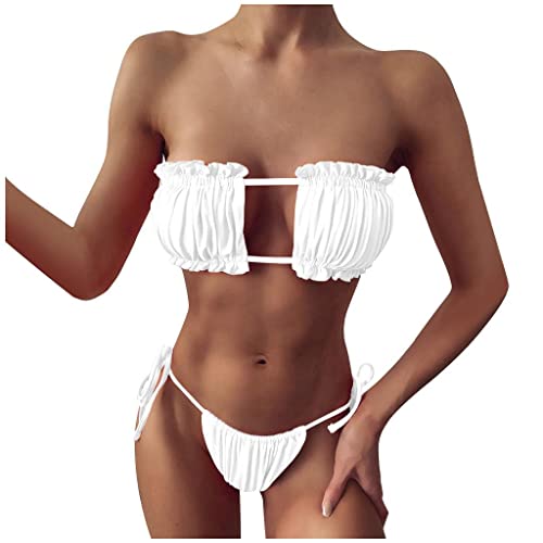 Damen Bikini Set, schulterfrei Bandeau mit Kordelzug & Rüschen High Cut Einfarbig Bademode, trägerlos, gerippt, Rüschen Ausschnitt, Bandeau Bikini Set, Zweiteiliger Sexy Tanga Sommer Badeanzug von Bluelucon