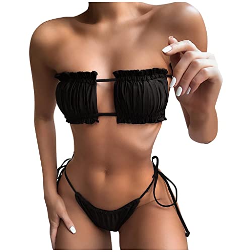 Damen Bikini Set, schulterfrei Bandeau mit Kordelzug & Rüschen High Cut Einfarbig Bademode, trägerlos, gerippt, Rüschen Ausschnitt, Bandeau Bikini Set, Zweiteiliger Sommer Sexy Tanga Badeanzug von Bluelucon