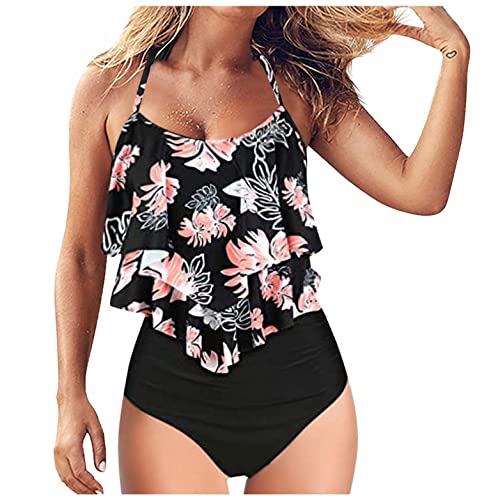 Damen Bikini Set Hoher Taille Bademode Zweiteilige Badeanzug mit Volant Neckholder Bikini Blumen Druck Bikinihose Strandmode Badeanzug Tummy Control Top Mit Shorts Zweiteiler Beachwear Bademode von Bluelucon