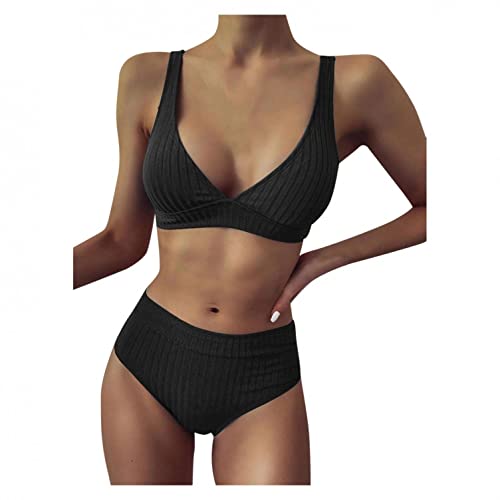 Damen Bikini Set Low Rise Bikini Bademode Gestreifte Träger Texturiert Zweiteiliger Badeanzug Swimsuit, Texture Bikini Set mit Gepolsterter High Cut Sexy Badeanzug Beachwear Dünner Schultergurt von Bluelucon