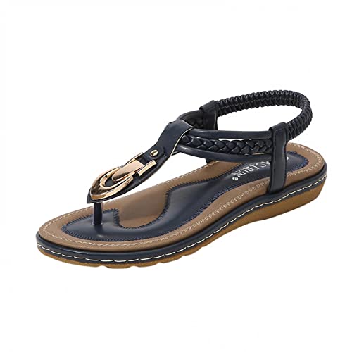 Damen Bohemian Sandalen T Riemen Strass Flache Sommer Schuhe Kleid Strandschuhe Flip Flops Damen Flip Flops PU Leder Frauen Open Toe Tanga Slingback Sandalen Stil Flach Zehentrenner Böhmische von Bluelucon