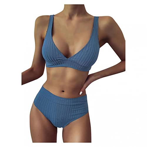 Damen Dünner Schultergurt Einfarbiger Bikini Set Badeanzug Sommer Beachwear, Texture Bikini Set mit Gepolsterter High Cut Sexy Bademode Gestreifte Träger Texturiert Badeanzug Swimsuit Zweiteiliger von Bluelucon