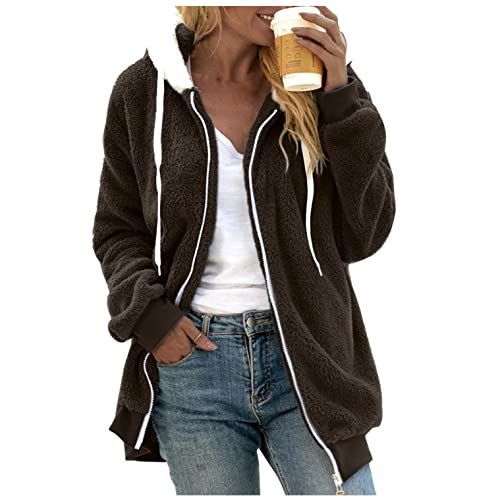 Damen Mantel Plüschjacke Frau Wintermantel Kurzmantel Warm Übergröße Fleece-Futter Langarm Oberschenkellänge Slim Fit Tunnelzug Frauen Hooded Wintermantel Parka mit Kapuze Steppmantel Winterparka von Bluelucon