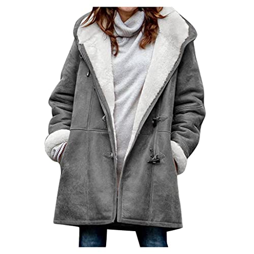 Damen Wintermantel Lang Warm Fleecejacke Langarm Warme Jacke Outdoor Slim Winterjacke Kunst Mäntel Windjacke mit Kapuze Mittellange Pelzoberbekleidung Übergangsmantel Fleecejacke Plüschmantel von Bluelucon