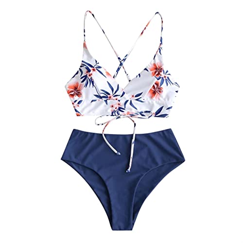 Damen Zweiteiliger Tankini, gepolsterter Bikini mit Blumenmuster Schnür Tankini Oberteil hochtaillierte Shorts Badeanzug Bikini Set Badehose mit verstellbarem BH & Rückengurt Design, Triangle von Bluelucon