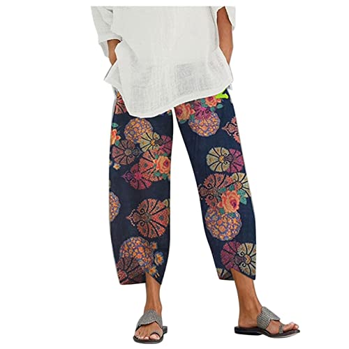 Leichte Leinenhose Damen Weite Beine Sommerhose Casual Baggy Hose Haremhose Lange Loose Frauen Lose Bequem Jogginghose Casual Locker Langhosen Freizeithose Mit Taschen Blumenmuster Yogahose von Bluelucon